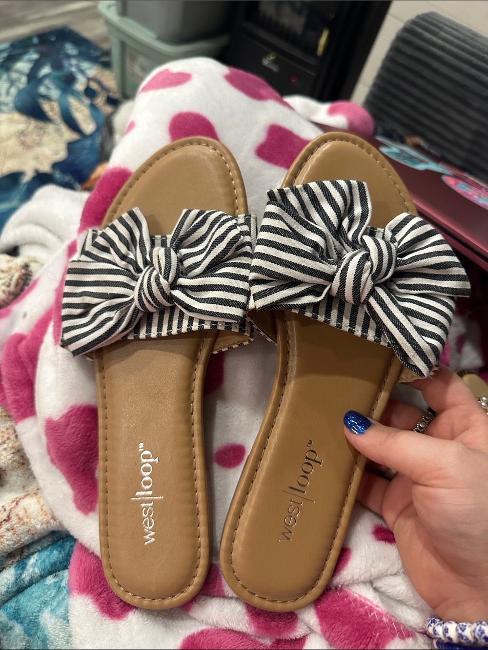 west loop Black & White Striped Bow Slide Sandals